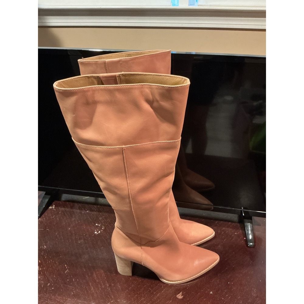 Crown Vintage Nude Tan Leather Knee High Pointed Toe Block Heel Boots Women 8.5M - Picture 3 of 6